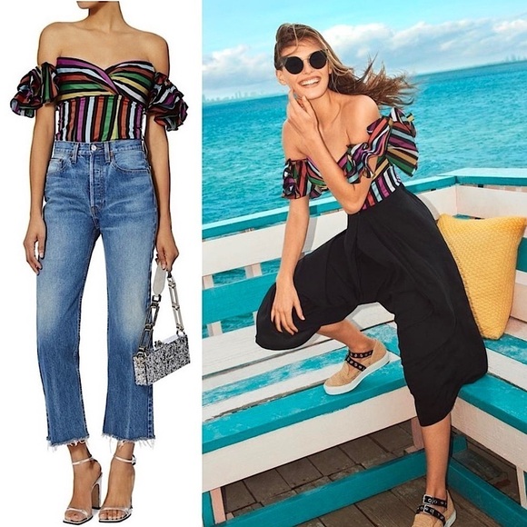 CAROLINE CONSTAS Rainbow Stripe Sweetheart Neck Ruffled Off Shoulder Top XS - Picture 1 of 11